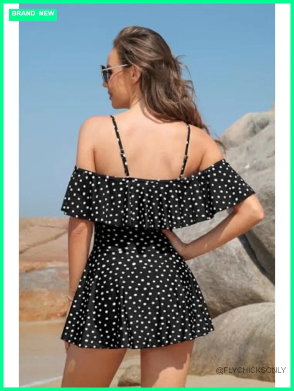 Off-Shoulder Ruffled Flounce Swim Dress One Piece with Built-in Shorts